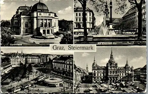 21366 - Steiermark - Graz , Opernhaus , Jacominiplatz , Jakominiplatz , Hauptplatz mit Rathaus , Am Eisernen Tor - gelaufen 1958