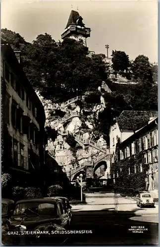 21383 - Steiermark - Graz , Schloßbergsteig mit Uhrturm , Auto - gelaufen 1957