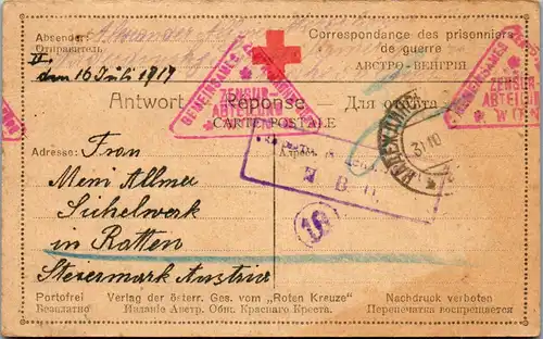 21427 - Russland - Feldpost , Kriegsgefangenenlager , Sibirien - Österreich , Ratten bei Krieglach , Zensur Abteilung Wien - gelaufen 1917