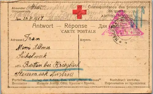 21428 - Russland - Feldpost , Kriegsgefangenenlager , Sibirien - Österreich , Ratten bei Krieglach , Zensur Abteilung Wien - gelaufen 1918