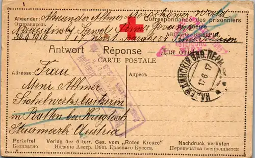 21430 - Russland - Feldpost , Kriegsgefangenenlager , Sibirien - Österreich , Ratten bei Krieglach , Zensur Abteilung Wien - gelaufen 1917