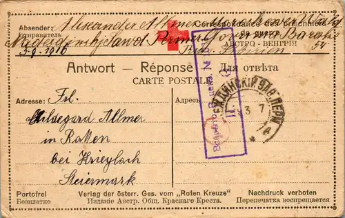 21431 - Russland - Feldpost , Kriegsgefangenenlager , Sibirien - Österreich , Ratten bei Krieglach - gelaufen 1917