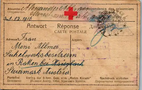 21433 - Russland - Feldpost , Kriegsgefangenenlager , Sibirien - Österreich , Ratten bei Krieglach , Zensur Abteilung Wien - gelaufen 1917