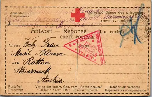 21438 - Russland - Feldpost , Kriegsgefangenenlager , Sibirien - Österreich , Ratten bei Krieglach , Zensur Abteilung Wien - gelaufen 1916