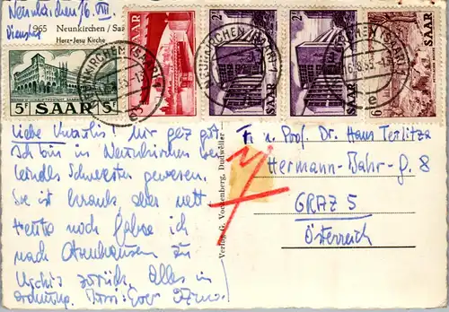 21651 - Deutschland - Neunkirchen , Saar , Herz Jesu Kirche , Briefmarken Saar - gelaufen 1955