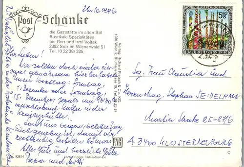 21834 - Niederösterreich - Sulz im Wienerwald , Post - Schänke , Gert und Irmi Vojtek - gelaufen 1996