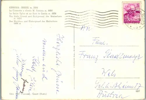 22046 - Italien - Cervinia , Breuil , La Chiesetta e sfondo M. Cervino , Matterhorn - gelaufen 1964