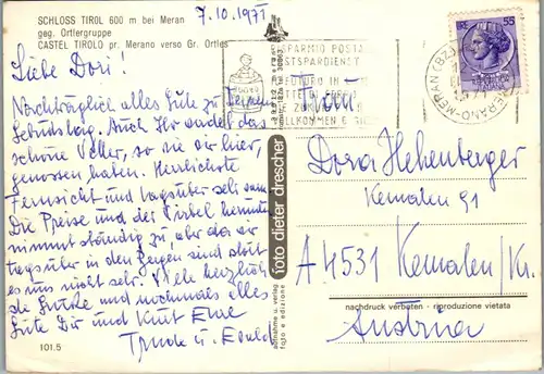 22215 - Italien - Meran , Schloss Tirol gegen Ortlergruppe , Castel Tirolo verso Ortles - gelaufen 1971