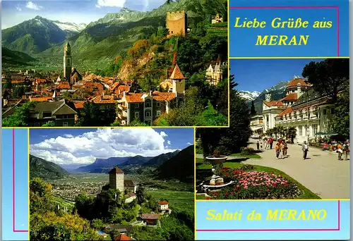 22262 - Italien - Meran , Mehrbildkarte , Texelgruppe , Schloß Tirol mit Etschtal , Promenade mit Kurhaus - nicht gelaufen