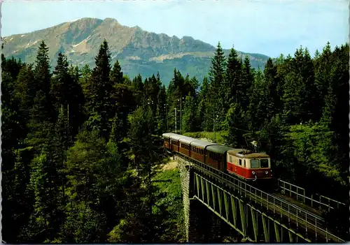 22621 - Niederösterreich - Mariazellerbahn , Kuhgrabenbrücke bei Erlaufklause mit Ötscher - gelaufen 1975