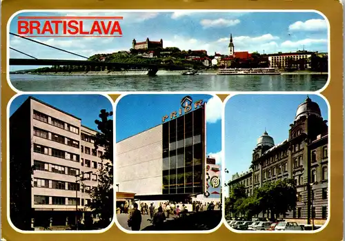 22631 - Slowakei - Bratislava , Dunajske nabrezie , v pozadi hrad , Mala scena SND , Obchodny dom Prior , Mehrbildkarte - gelaufen 1975