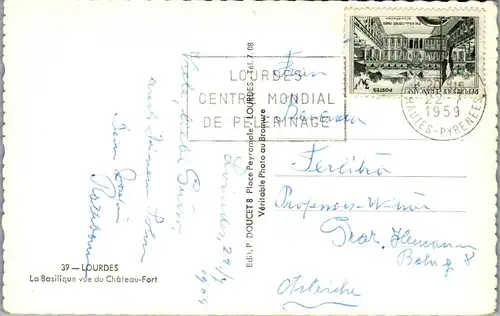 22665 - Frankreich - Lourdes , La Basilique vue du Chateau Fort - gelaufen 1959