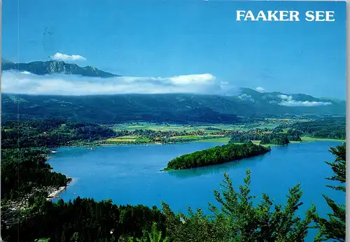 22695 - Kärnten - Faaker See , Blick auf den See mit Campingstrand , Faak , Insel - gelaufen 1993