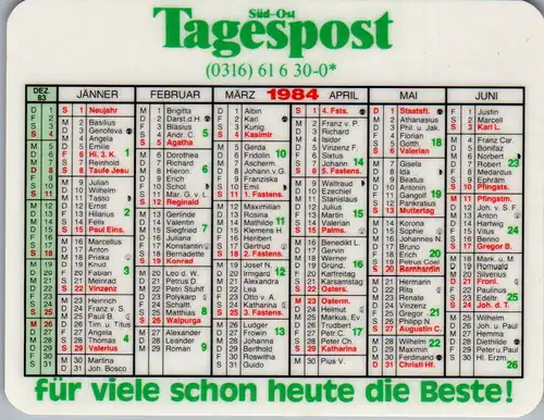 22719 - Kalender - Süd Ost Tagespost  -  1984