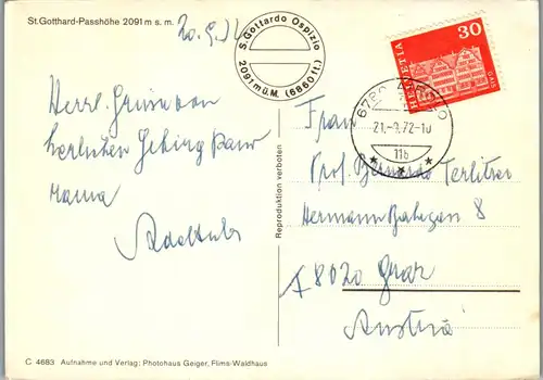 22728 - Schweiz - St. Gotthard Passhöhe , Pass - gelaufen 1972