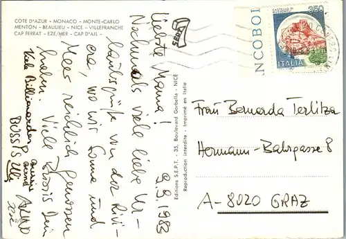 22798 - Cote d' Azur , Monaco , Monte Carlo , Menton , Beaulieu , Nice , Villefranche , Cap Ferrat , Eze , Mehrbildkarte - gelaufen 1983