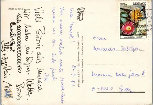 22799 - Cote d' Azur , Monaco , Cannes , Juan les Pins , Antibes , Menton , Beaulieu , Mehrbildkarte - gelaufen 1983