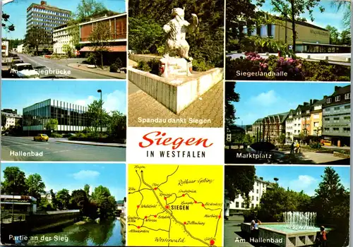 22809 - Deutschland - Siegen in Westfalen , Hallenbad , Spandau dankt Siegen , An der Siegbrücke , Partie an der Sieg , Mehrbildkarte - gelaufen 1982