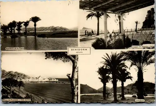 22875 - Spanien - Benidorm , Alicante , Atardecer en la Playa , Terraza del Espana e Isla , Playa de Poniente y vista parcial , Mehrbildkarte - gelaufen 1954