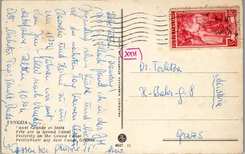 22890 - Künstlerkarte - Italien , Venezia , Canal Grande in festa - gelaufen 1953