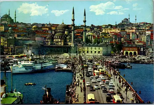 22920 - Türkei - Istanbul ve Güzellikleri , Galat köprüsü ve Yeni cami , Galata Brücke und die neue Moschee - gelaufen 1974