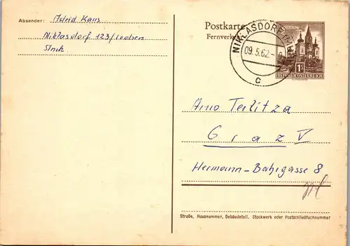 22995 - Österreich - Ganzsache , Niklasdorf - Graz - gelaufen 1962