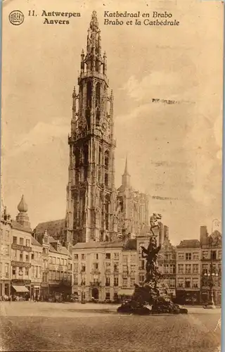 23025 - Belgien - Antwerpen , Anvers , Kathedraal en Brabo , Brabo et la Cathedral - gelaufen 1934