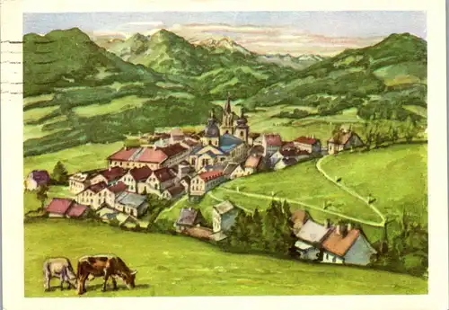 23089 - Künstlerkarte - Mariazell mit dem Kalvarienberg , Aquarell v. Prof. A. Janesch - gelaufen 1957