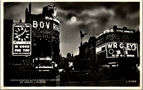 23128 - Großbritannien - London , Eros Statue & Piccadilly Circus by night - gelaufen 1954