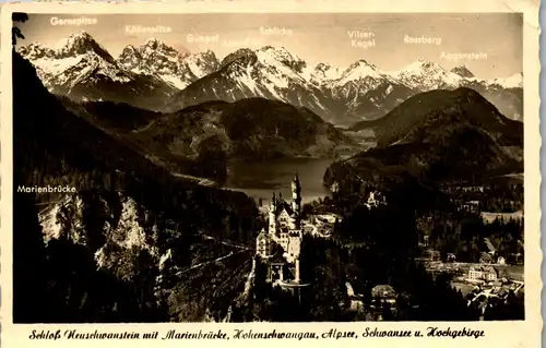 23179 - Deutschland - Schloß Neuschwanstein mit Marienbrücke , Hohenschwangau , Alpsee , Schwannsee u. Hochgebirge - gelaufen 1952