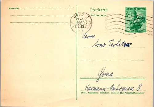 23234 - Österreich - Ganzsache , Postkarte Ortsverkehr , Graz - gelaufen 1960