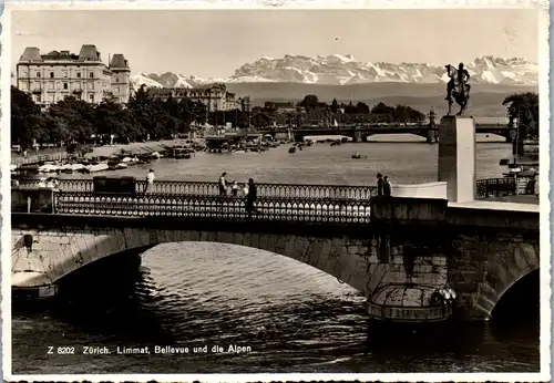23255 - Schweiz - Zürich , Limmat , Bellevue und die Alpen , Brücke - gelaufen 1938