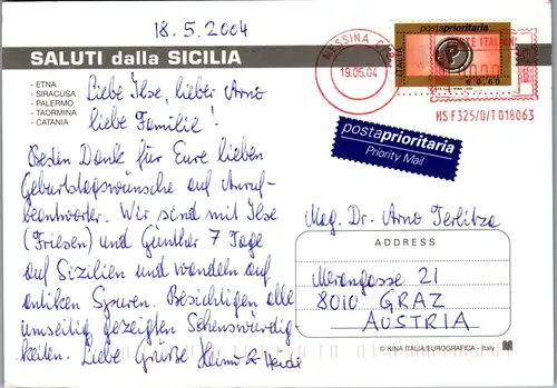 23315 - Italien - Sicilia , Etna , Siracusa , Palermo , Taormina , Catania , Mehrbildkarte - gelaufen 2004