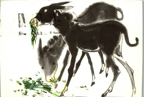 23382 - Künstlerkarte - Huang Zhou , Two donkeys , Zwei Esel - gelaufen 1969