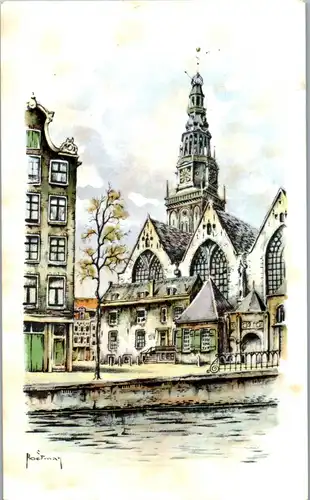 23400 - Künstlerkarte - Niederlande , Amsterdam , Oude Kerk , signiert - gelaufen 1972
