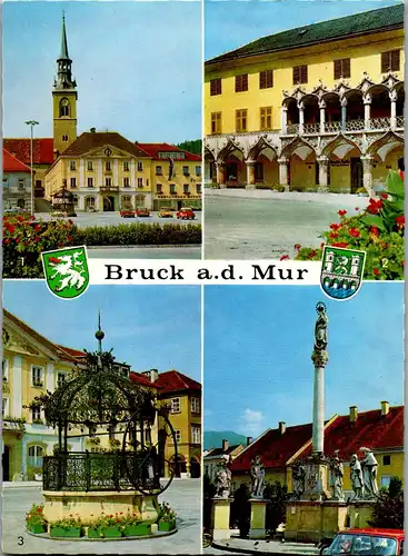 23416 - Steiermark - Bruck an der Mur , Eiserner Brunnen , Rathaus und Stadtpfarrkirche , Mariensäule , Kornmesserhaus - gelaufen 1973