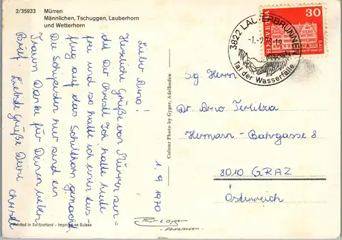 23441 - Schweiz - Mürren , Männlichen , Tschuggen , Lauberhorn und Wetterhorn - gelaufen 1970