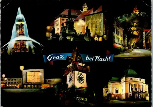 23490 - Steiermark - Graz bei Nacht , Mehrbildkarte - gelaufen 1966