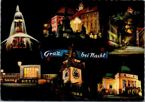 23520 - Steiermark - Graz bei Nacht , Mehrbildkarte - gelaufen 1965