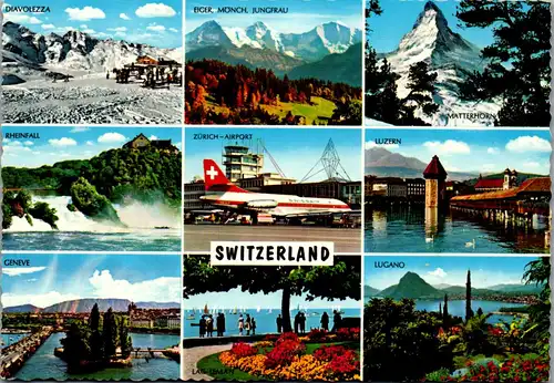 23522 - Schweiz - Diavolezza , Eiger , Mönch , Jungfrau , Rheinfall , Luzern , Lac Leman , Zürich Airport , Mehrbildkarte - gelaufen 1965