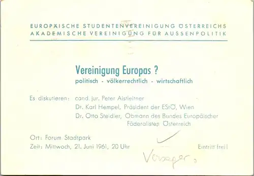 23544 - Einladung - Europäische Studentenvereinigung in Österreich , Forum Stadtpark - gelaufen 1961