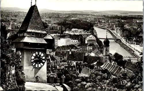 23551 - Steiermark - Graz , Panorama mit Uhrturm am Schloßberg - gelaufen