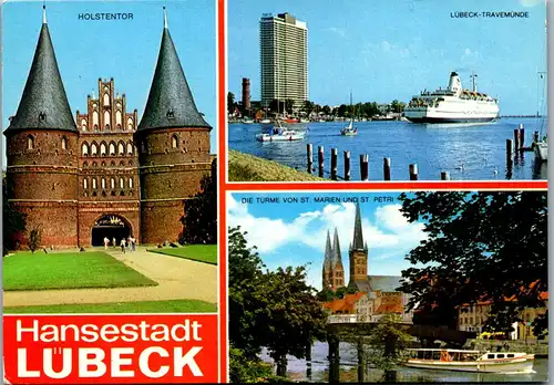 23569 - Deutschland - Lübeck , Holstentor , Die Türme von St. Marien und St. Petri - gelaufen