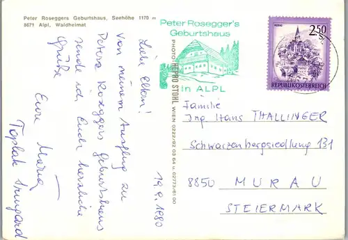 23622 - Steiermark - Krieglach , Alpl , Peter Rosegger 's Geburtshaus - gelaufen 1980