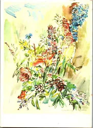 23633 - Künstlerkarte - Blumenstrauß mit Lupinen , signiert Oskar Kokoschka - gelaufen 1969