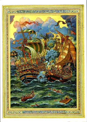 23808 - Künstlerkarte - Mohammed Racim , Combat naval , signiert - gelaufen 1997