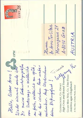 23845 - Irland - Clonmacnoise , County Offaly , High Cross and Round Tower - gelaufen