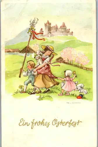 24313 - Ostern - Ein frohes Osterfest , signiert Ch. V. Schwind - gelaufen 1955