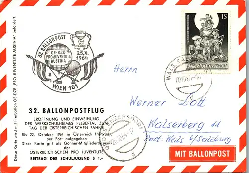 32792 - Österreich - Ballonpost , Gross Enzersdorf - Wals bei Salzburg - gelaufen 1964