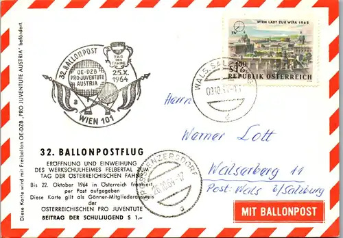 32794 - Österreich - Ballonpost , Gross Enzersdorf - Wals bei Salzburg - gelaufen 1964
